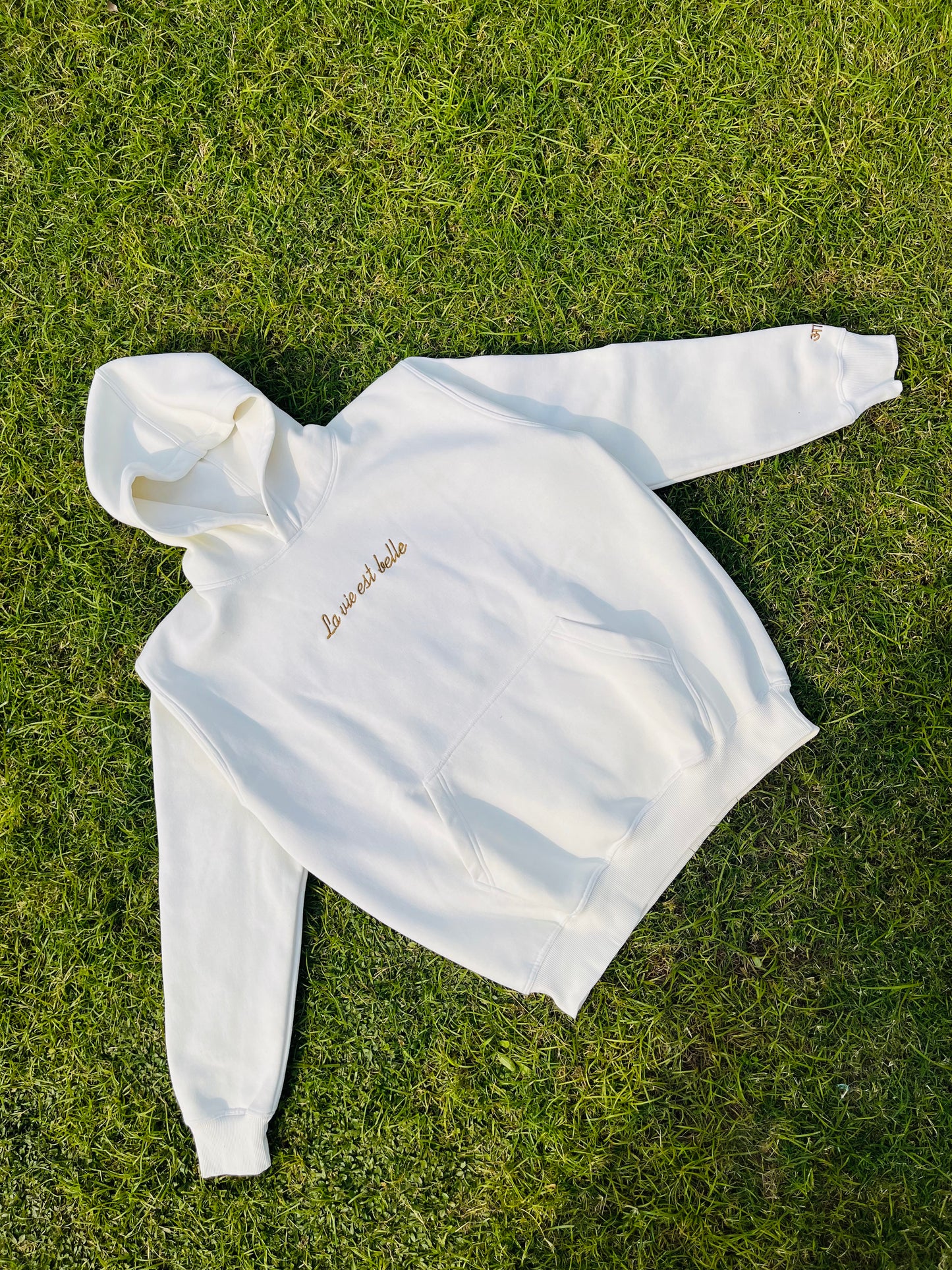 "Life is Beautiful" Embroidered Off-White Hoodie