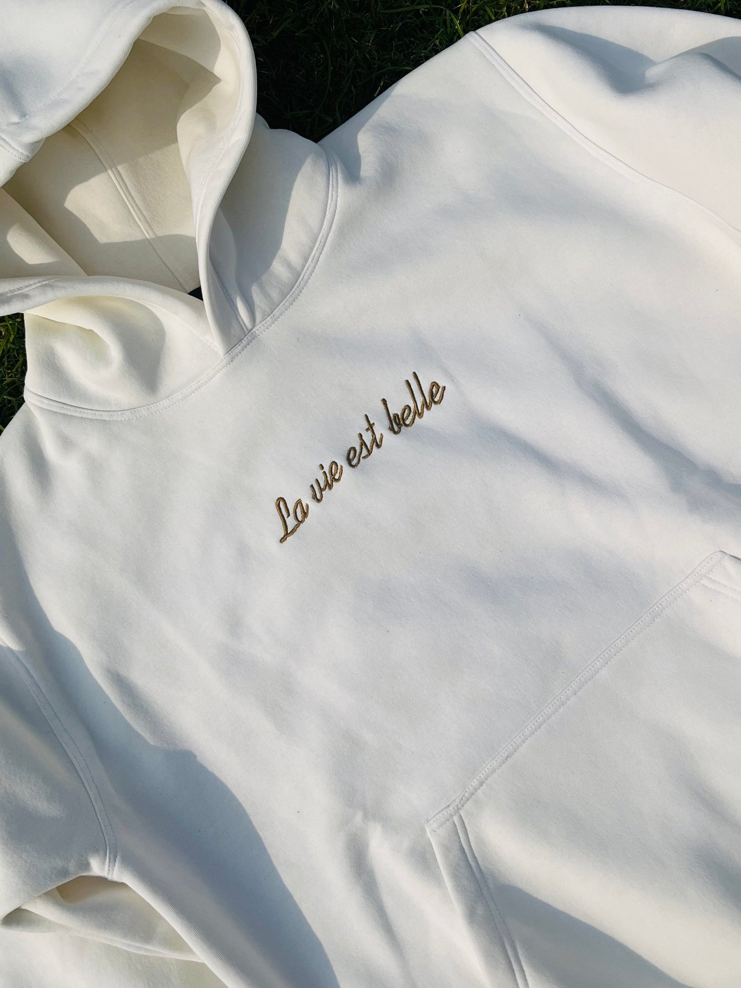 "Life is Beautiful" Embroidered Off-White Hoodie