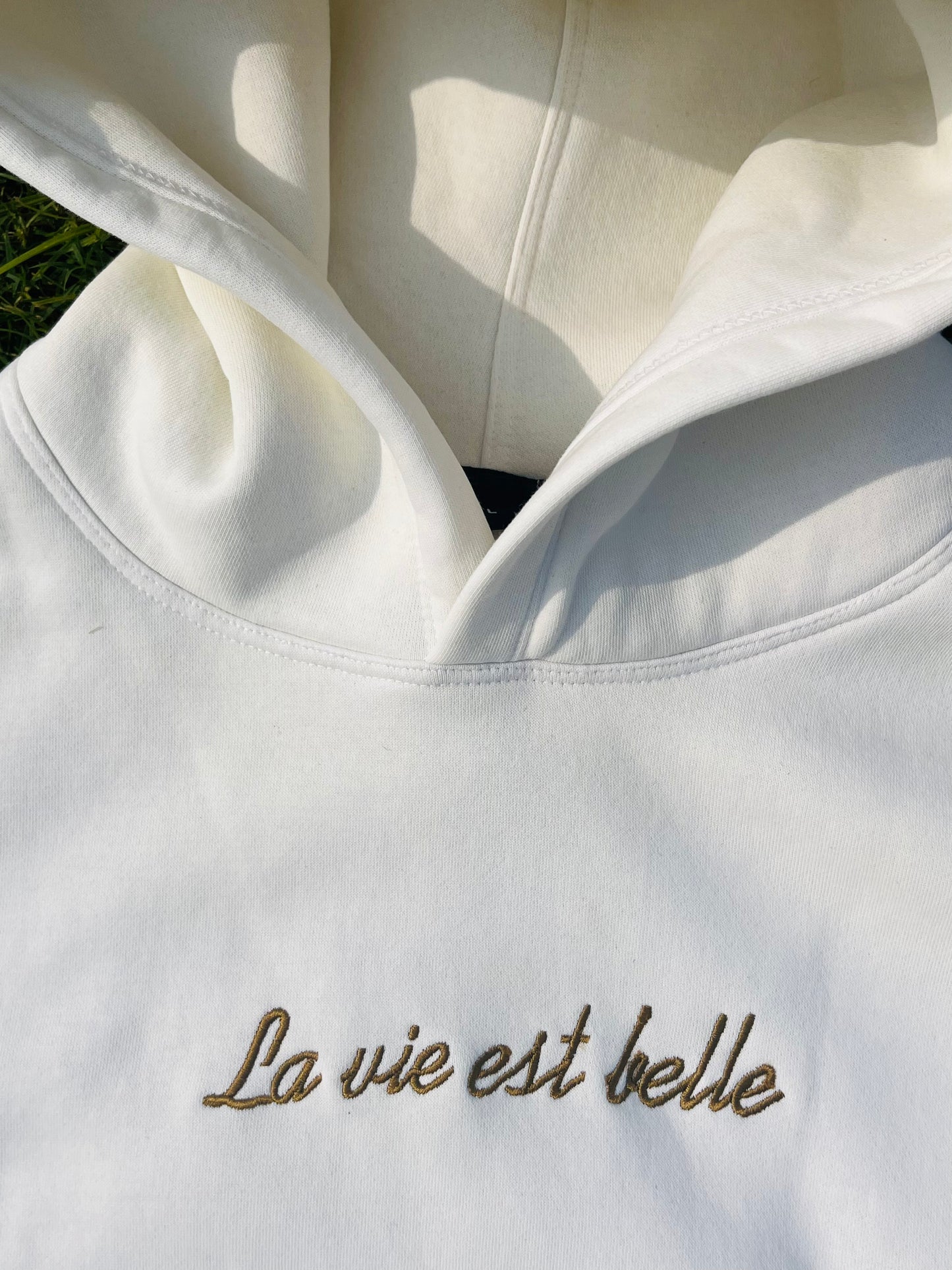 "Life is Beautiful" Embroidered Off-White Hoodie